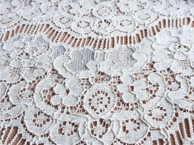The warp knit lace above is knitted on Raschel machines. The fabric is constructed with the warp threads, which intermesh vertically as the fabric is constructed. #jersey #jerseyfabric #mytrainedeyejersey