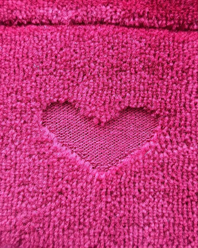 This Rotate Sunday burn out design is in a cotton/polyester blend. The cotton is forming the velour pile and the polyester, the base knit structure. The cotton pile is then burned out, using a chemical process, to create the heart shape. #jerseyfabric #jersey #mytrainedeyejersey