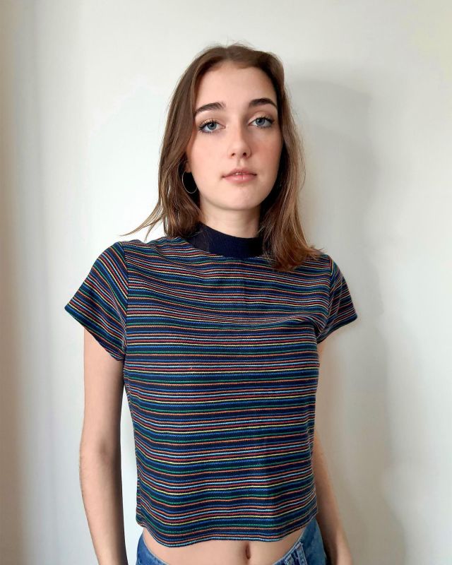 The stripes on this @urbanoutfitters t-shirt are achieved using a float jacquard, swipe to see the short film to show how it was done.  #stripedtshirt #urbanoutfitters #croppedtshirt #jacquardstripetshirt #stripedesign #multicolourstripes #mytrainedeye #jersey #mytrainedeyejersey